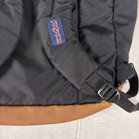Jansport Cool Student Black Backpack Brown Leather Bottom Pockets Mesh Side - Picture 7 of 10